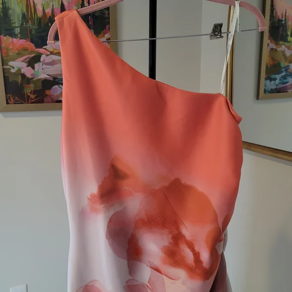 NWT DONNA KARAN Floral One Shoulder Sheat Dress Neoprene Size 14 - Picture 3 of 11